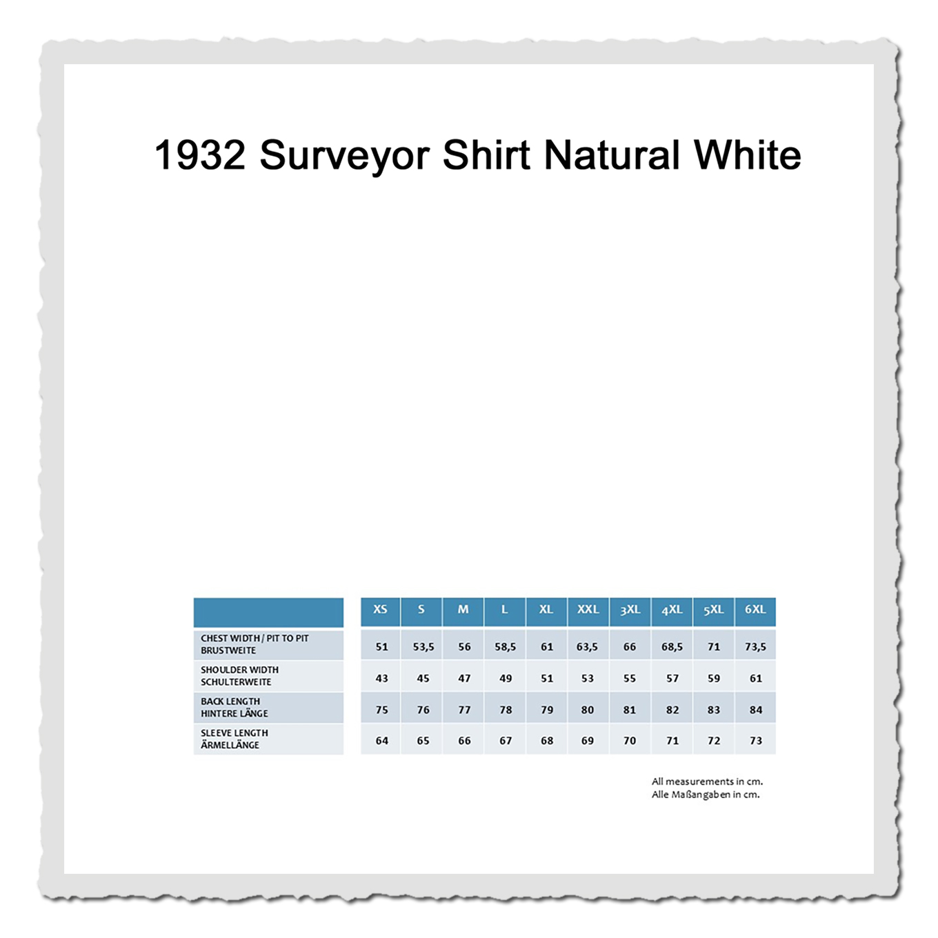 Grafik: Größentabelle 1932 Surveyor Shirt, blaues Raster mit Maßangaben in Zentimetern auf weißem Hintergrund.